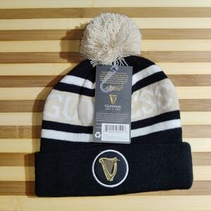 Guinness Black and White Premium Beanie, rib knit, Guinness harp, pom pom - OS